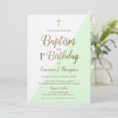 Green Gold Cross Taufe 1. Geburtstag Einladung (Stehend Vorderseite)