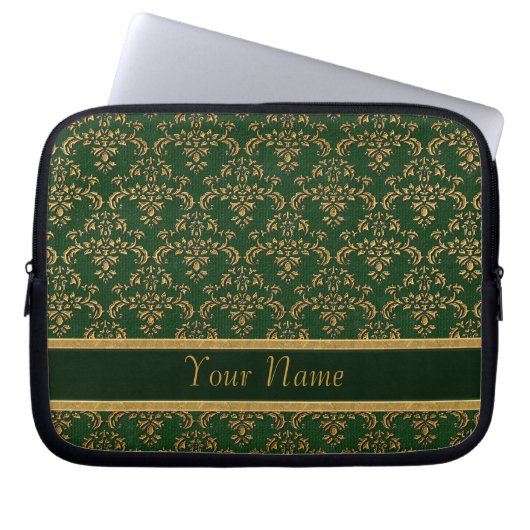 Green & Gold Damask Muster Laptopschutzhülle (Vorderseite)