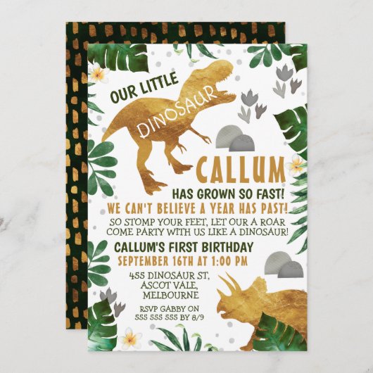 Green Gold Dinosaur Geburtstagsparty Einladung (Vorne/Hinten)