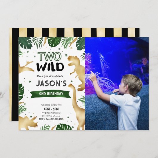 Green & Gold Dinosaurier Geburtstagsparty Foto Einladung (Vorne/Hinten)