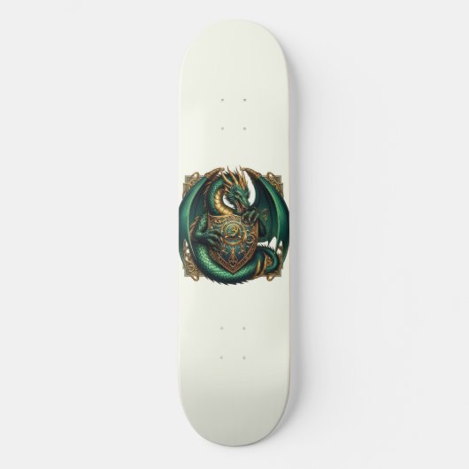 Green & Gold Dragon mit Schild Skateboard (Vorderseite)