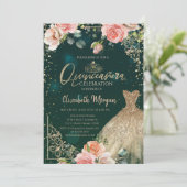 Green Gold Dress Tiara, Diamonds Rose Quinceañera Einladung (Stehend Vorderseite)