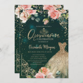 Green Gold Dress Tiara, Diamonds Rose Quinceañera Einladung (Vorne/Hinten)