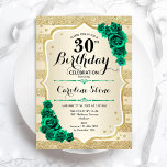 Green Gold Elegant Floral 30. Geburtstag Einladung<br><div class="desc">30. Geburtstag Party Einladung. Elegantes florales smaragdgrünes Design mit Rose. Enthält Imitate Glitzer goldene Streifen und Skript-Schriftart. Ideal für eine stilvolle Damenfeier. Kann für jedes Alter angepasst werden! Gedruckte Zazzle Einladungen oder Sofortdownload digitalen druckbaren Vorlage.</div>