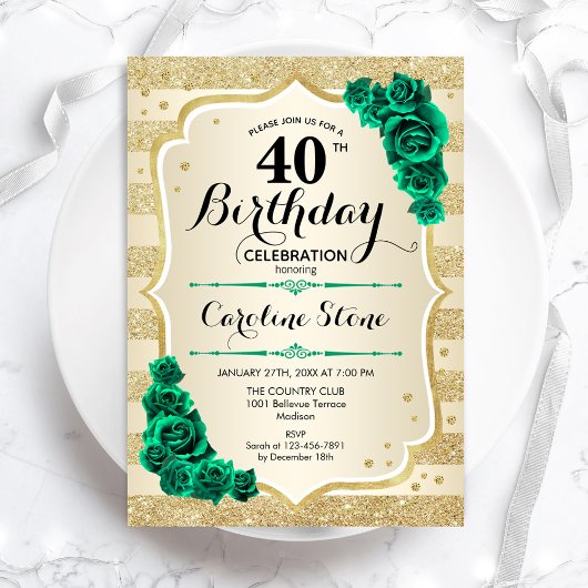Green Gold Elegant Floral 40. Geburtstag Einladung