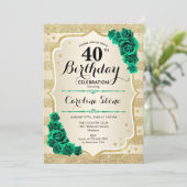 Green Gold Elegant Floral 40. Geburtstag Einladung (Stehend Vorderseite)