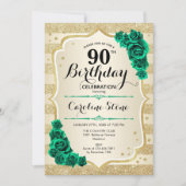 Green Gold Elegant Floral 90. Geburtstag Einladung (Vorderseite)