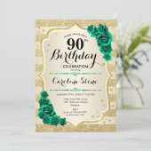 Green Gold Elegant Floral 90. Geburtstag Einladung (Stehend Vorderseite)