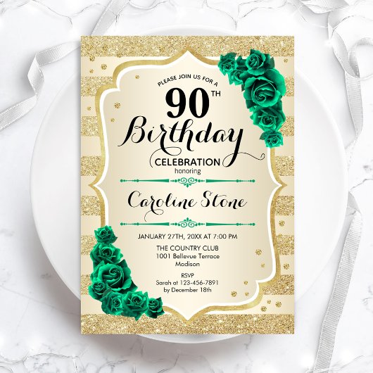 Green Gold Elegant Floral 90. Geburtstag Einladung