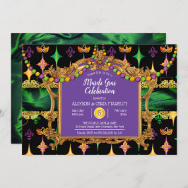 Green | Gold Elegant Floral Mardi Gras Party Einladung