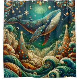 "Green & Gold Elegant Whale Christmas Wonderland" Duschvorhang