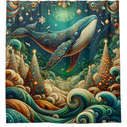 "Green & Gold Elegant Whale Christmas Wonderland" Duschvorhang (Vorderseite)
