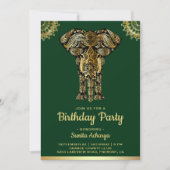 Green Gold Elephant Indian Birthday Party Einladung (Vorderseite)