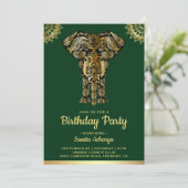 Green Gold Elephant Indian Birthday Party Einladung (Stehend Vorderseite)