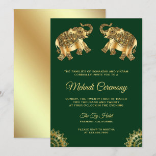 Green Gold Elephants Indian Henna Mehndi Zeremonie Einladung