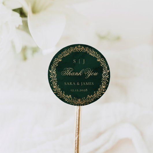 Green Gold Emerald Botanical Wedding Vielen Dank Runder Aufkleber