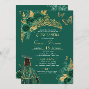 Green Gold Emerald Charro Butterfly Quinceañera Einladung