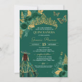 Green Gold Emerald Rose Flor Butterfly Quinceñera Einladung (Vorderseite)