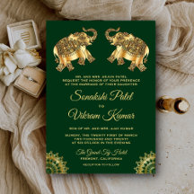 Green Gold Ethnic Elephants Indian Wedite Einladun