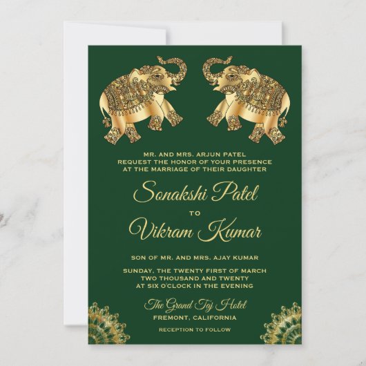 Green Gold Ethnic Elephants Indian Wedite Einladun Einladung (Vorderseite)