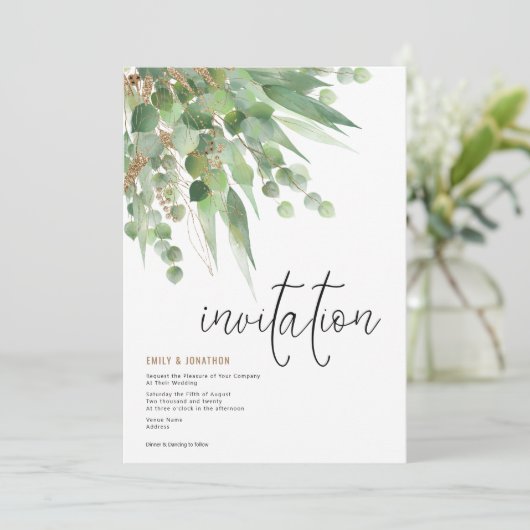 Green Gold Eucalyptus Leaf Elegante Script Wedding Einladung (Stehend Vorderseite)