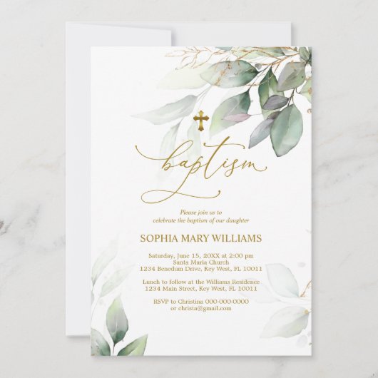 Green & Gold Eukalyptus-Taufe Einladung (Vorderseite)