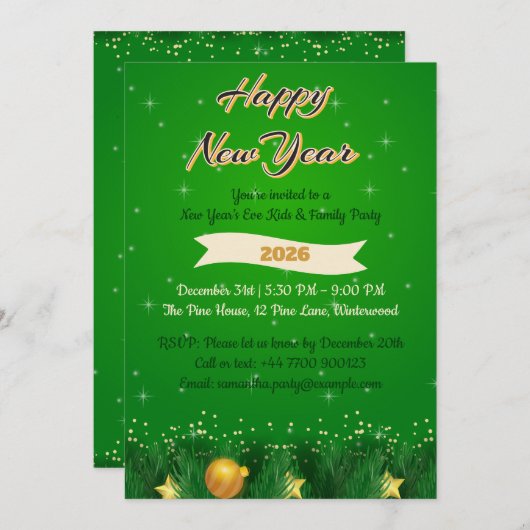 Green Gold Family New Year Invitation Einladung (Vorne/Hinten)