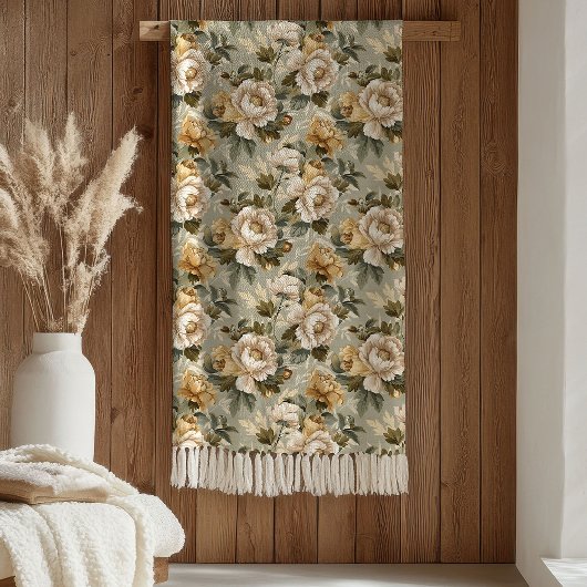 Green Gold Floral Blanket Modern Pastel Elegant Fleecedecke