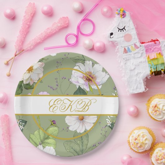 Green Gold Floral Elegant Modern Monogram Pappteller (Party)