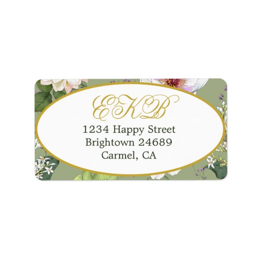 Green Gold Floral Elegant Modernes Monogramm Adressaufkleber (Vorne)