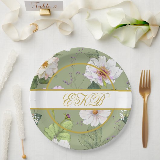 Green Gold Floral Elegant Modernes Monogramm Pappteller (Hochzeit)