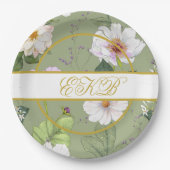 Green Gold Floral Elegant Modernes Monogramm Pappteller (Vorderseite)