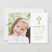 Green Gold Floral First Heilige Kommunion Girl Fot Dankeskarte (Vorderseite)