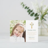 Green Gold Floral First Heilige Kommunion Girl Fot Dankeskarte (Stehend Vorderseite)