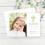 Green Gold Floral First Heilige Kommunion Girl Fot Dankeskarte<br><div class="desc">Diese elegante Dankeschön-Karte der First-Holy-Kommunion, die für ein Mädchen entworfen wurde, enthält ein 3, 5 x 5" Foto Ihrer Tochter mit stilvollem Grün, Gold und weichem Schwarz, der für Ihre Veranstaltung personalisiert sein kann und durch ein goldenes Blumenkreuz hervorgehoben wird. Ein wunderschönes Blumenmuster mit neutralem Weiß, Rosa und cremefarbenen Blume...</div>