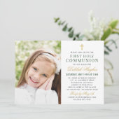 Green Gold Floral First Heilige Kommunion Girl Fot Einladung (Stehend Vorderseite)