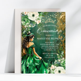 Green Gold Floral Princess Quinceañera Einladung