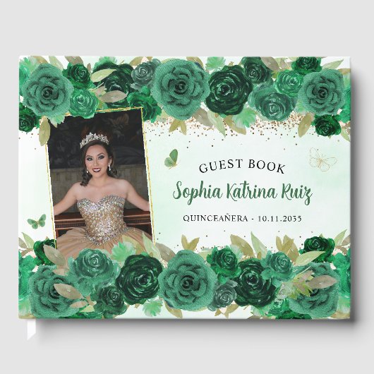 Green Gold Floral Princess Quinceañera Foto Gästebuch (Vorderseite)