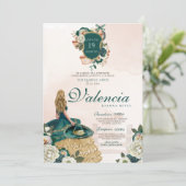 Green Gold Floral Wappen Elegante Charra Quinceane Einladung (Stehend Vorderseite)