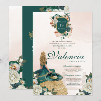 Green Gold Floral Wappen Elegante Charra Quinceane Einladung