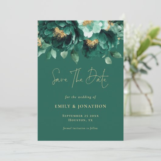 Green Gold Florals QR Code Wedding Emerald Save The Date (Stehend Vorderseite)