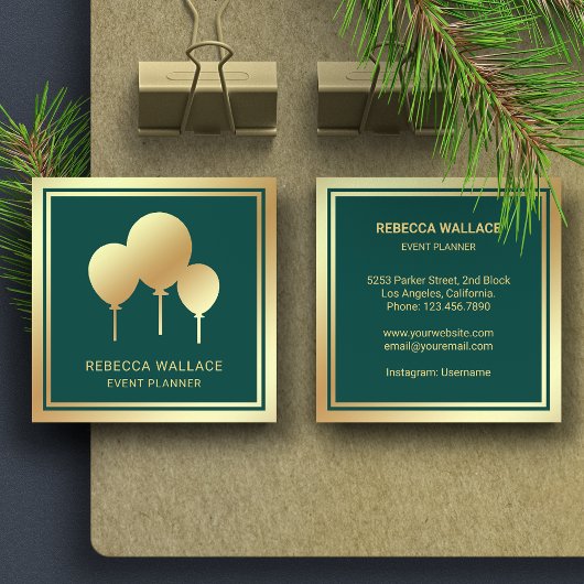 Green Gold Foil Balloons Party Event Plane Quadratische Visitenkarte