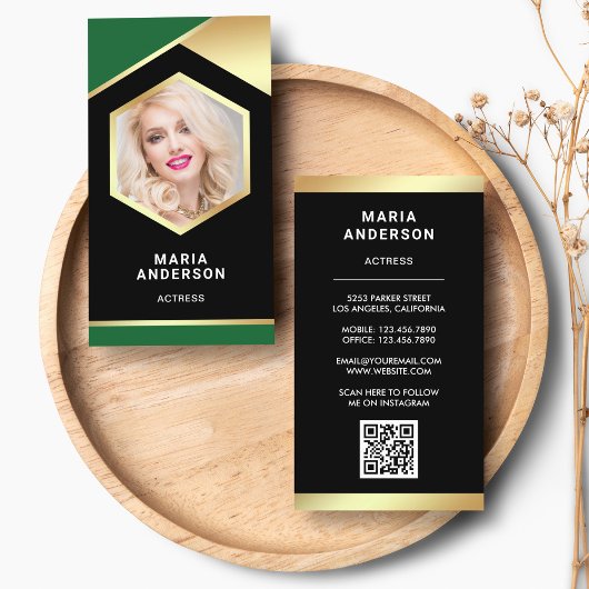 Green Gold Foil Model Acress QR Code Foto Visitenkarte
