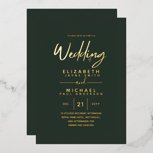 Green Gold Foil Script Elegante Moderne Hochzeit Folieneinladung (Vorderseite/Rückseite)