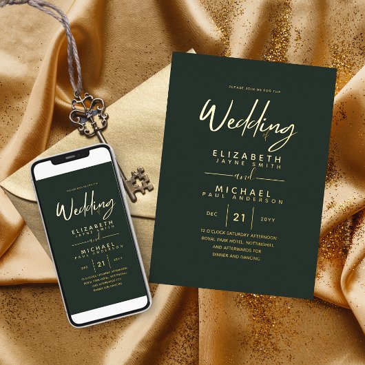 Green Gold Foil Script Elegante Moderne Hochzeit Folieneinladung