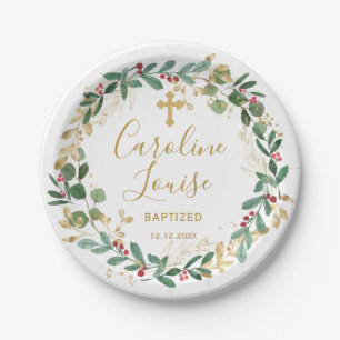 Green Gold Foliage Baby Baptisse Pappteller