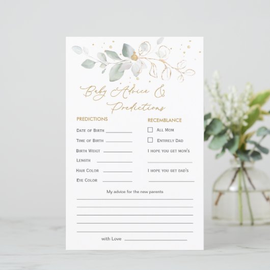 Green & Gold Foliage Baby Predication & Addon Card (Stehend Vorderseite)