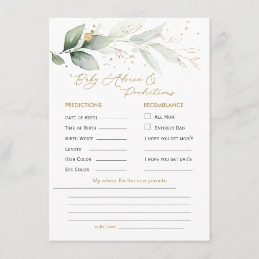 Green & Gold Foliage Baby Predication & Ratschläge Begleitkarte (Vorderseite)