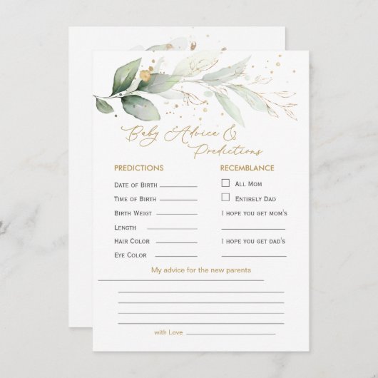 Green & Gold Foliage Baby Predication & Ratschläge Begleitkarte (Vorne/Hinten)