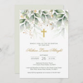 Green Gold Foliage Cross Baby Baptisse Einladung (Vorne/Hinten)